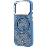 Coque iPhone 17 Pro - Guess PU 4G avec anneau support 360&deg; MagSafe et cadre m&eacute;tallique - Bleu