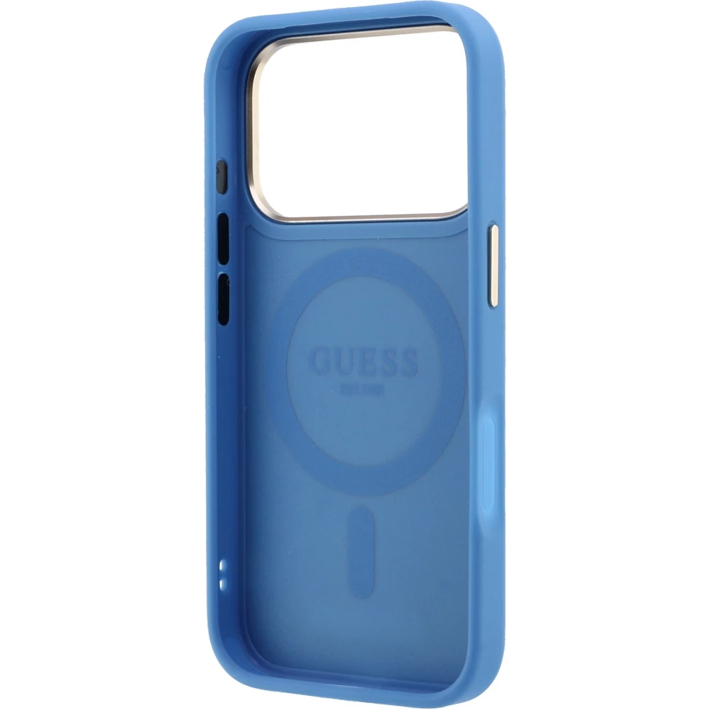 Coque iPhone 17 Pro - Guess PU 4G avec anneau support 360&deg; MagSafe et cadre m&eacute;tallique - Bleu