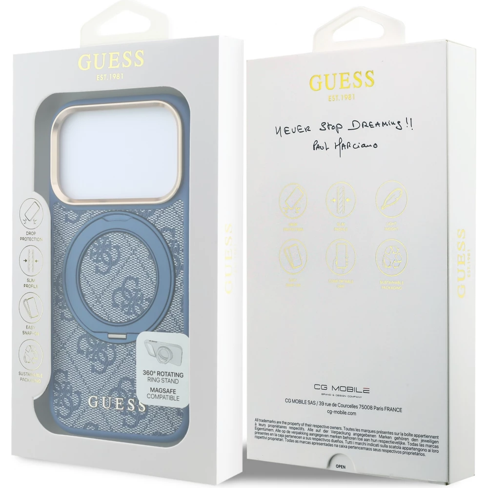 Coque iPhone 17 Pro - Guess PU 4G avec anneau support 360&deg; MagSafe et cadre m&eacute;tallique - Bleu
