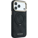 Coque iPhone 17 Pro - Guess PU 4G avec anneau support 360&deg; MagSafe et cadre m&eacute;tallique - Noir