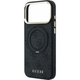 Coque iPhone 17 Pro - Guess PU 4G avec anneau support 360&deg; MagSafe et cadre m&eacute;tallique - Noir