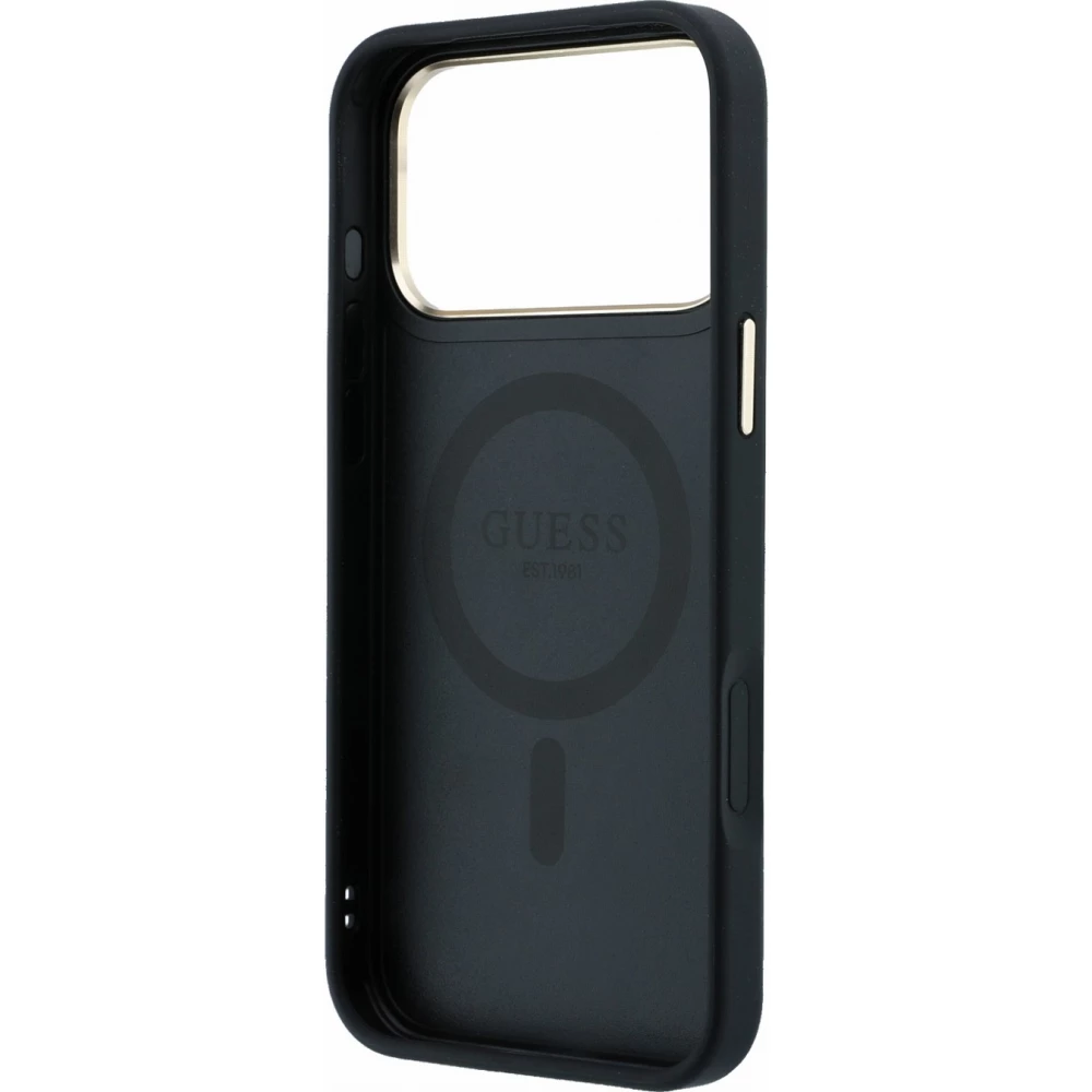 Coque iPhone 17 Pro - Guess PU 4G avec anneau support 360&deg; MagSafe et cadre m&eacute;tallique - Noir