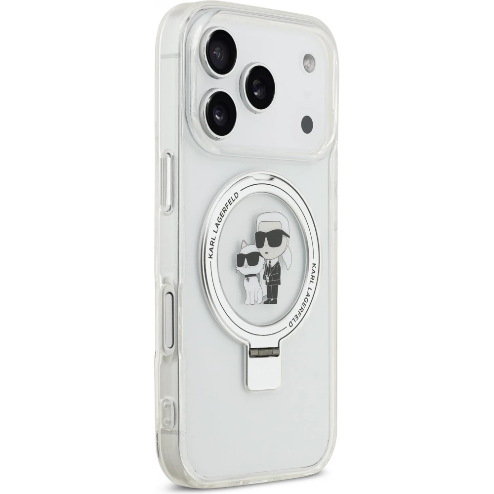Coque iPhone 17 Pro - Karl Lagerfeld et Choupette Ringstand MagSafe avec anneau support - Blanc