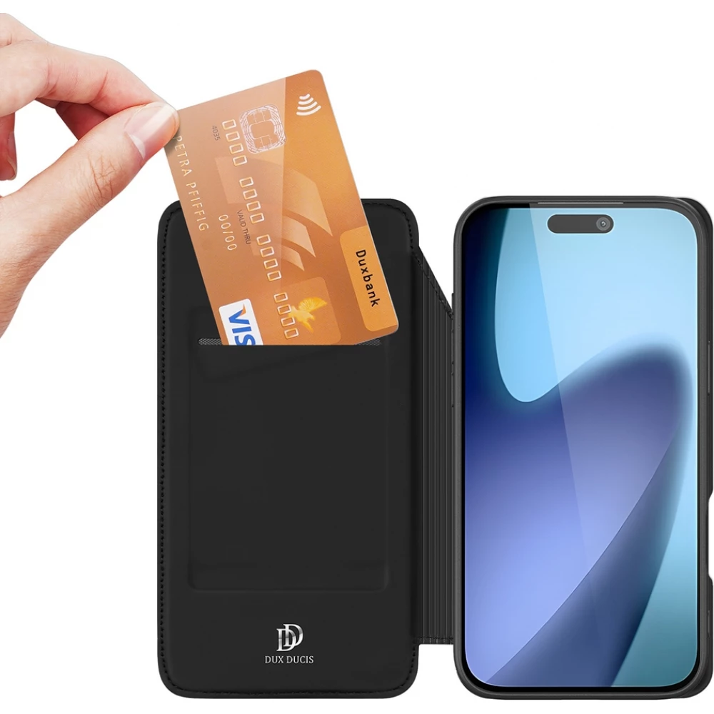 Coque iPhone 17 Pro Max - Dux Ducis Skin Pro avec rabat et emplacement pour cartes en cuir synth&eacute;tique PU et TPU flexible - Noir