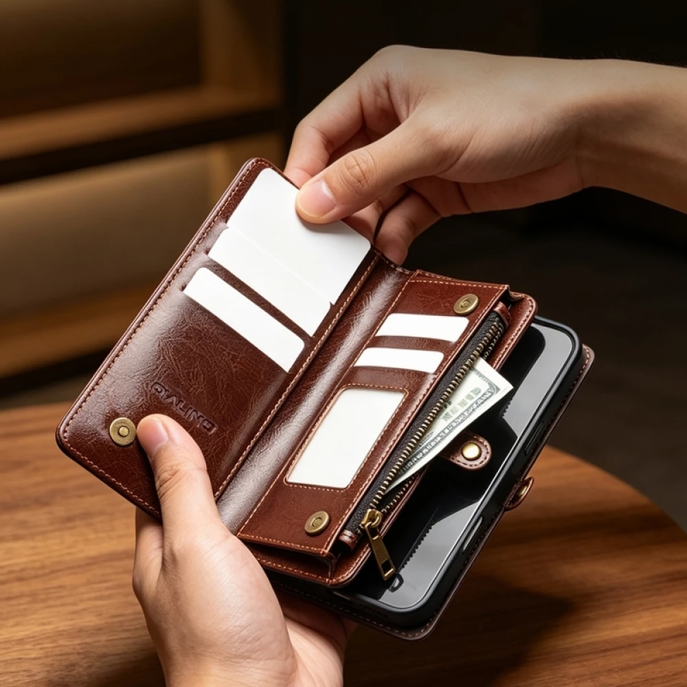 Coque iPhone 17 Pro Max -  Flip Qialino cuir v&eacute;ritable Handbag - Brun