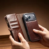 Coque iPhone 17 Pro Max -  Flip Qialino cuir v&eacute;ritable Handbag - Brun