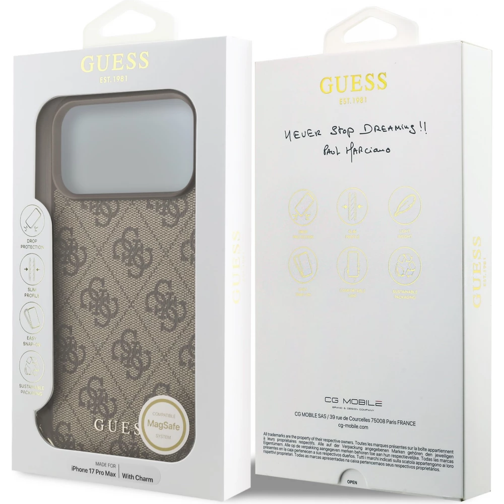 iPhone 17 Pro Max Case Hülle - Guess 4G Charm Elegante Schutz Raffiniertes Design Trendaccessoire - Braun