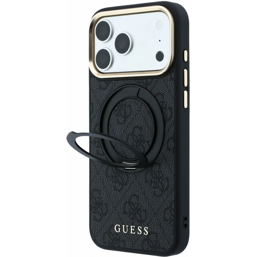 Coque iPhone 17 Pro Max - Guess PU 4G avec anneau support 360&deg; MagSafe et cadre m&eacute;tallique - Noir