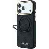 Coque iPhone 17 Pro Max - Guess PU 4G avec anneau support 360&deg; MagSafe et cadre m&eacute;tallique - Noir
