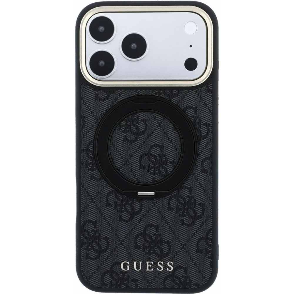 Coque iPhone 17 Pro Max - Guess PU 4G avec anneau support 360&deg; MagSafe et cadre m&eacute;tallique - Noir