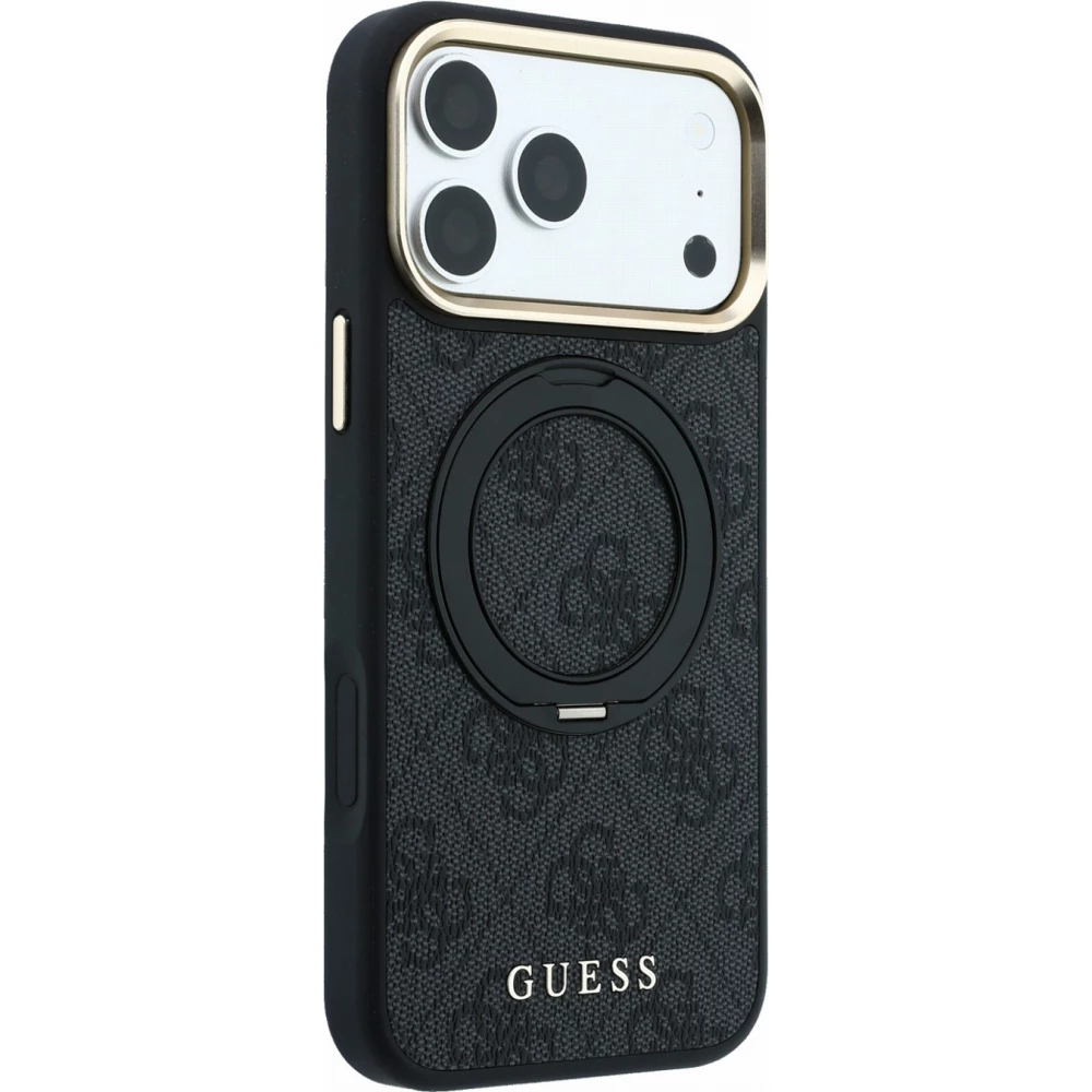 Coque iPhone 17 Pro Max - Guess PU 4G avec anneau support 360&deg; MagSafe et cadre m&eacute;tallique - Noir