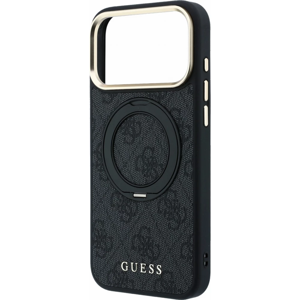 Coque iPhone 17 Pro Max - Guess PU 4G avec anneau support 360&deg; MagSafe et cadre m&eacute;tallique - Noir