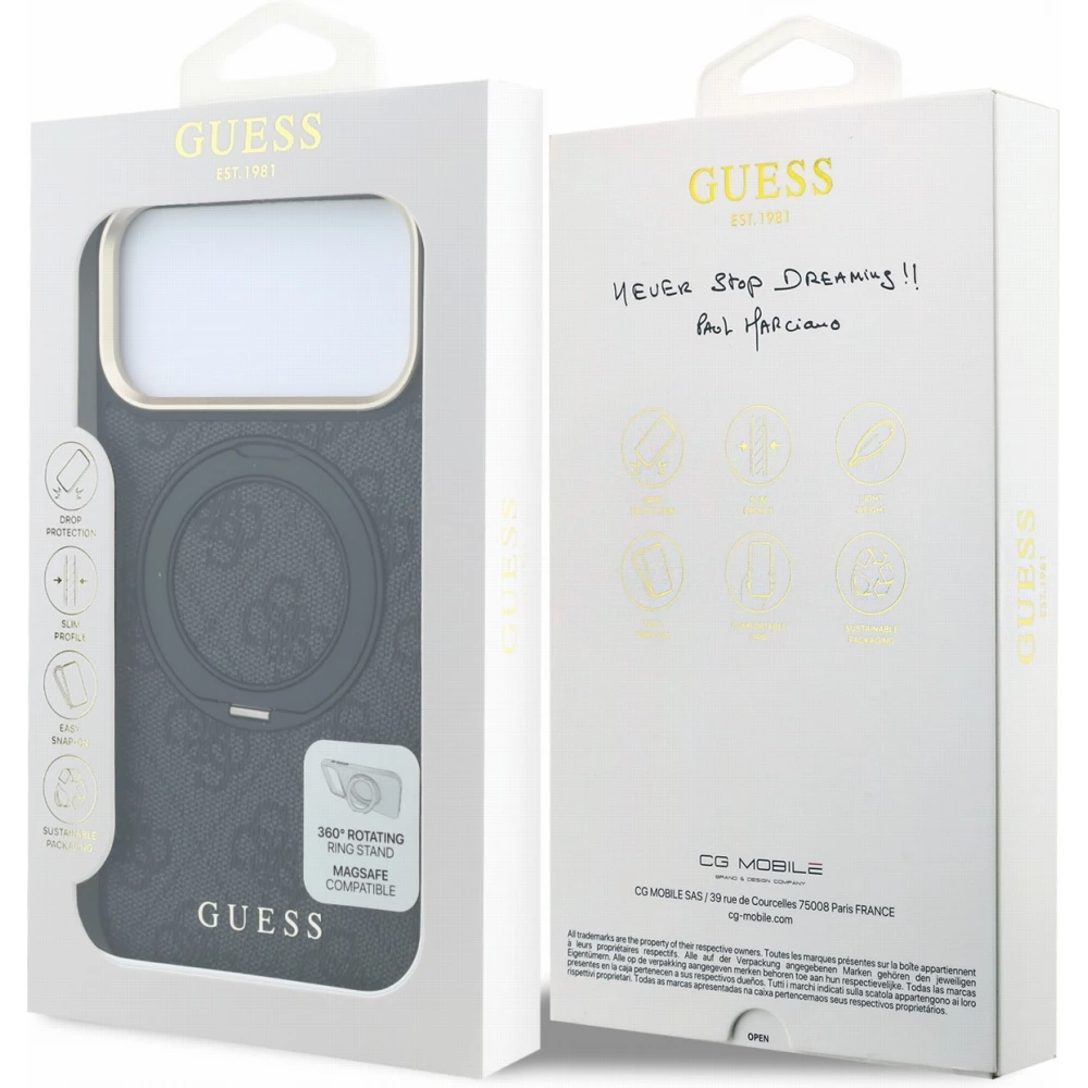 Coque iPhone 17 Pro Max - Guess PU 4G avec anneau support 360&deg; MagSafe et cadre m&eacute;tallique - Noir