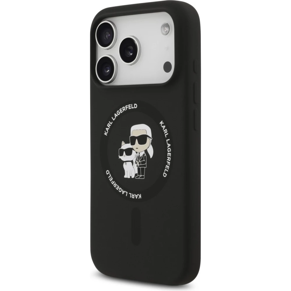 Coque iPhone 17 Pro Max - Karl Lagerfeld Liquid en silicone avec design Karl et Choupette compatible MagSafe - Noir