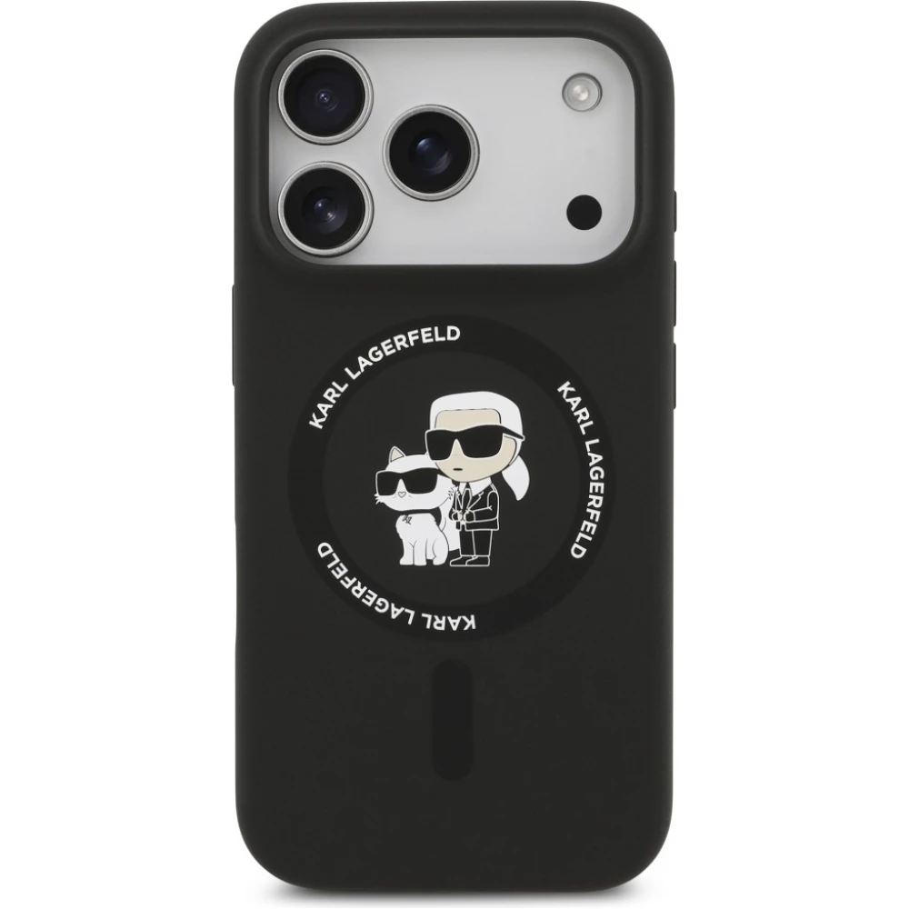 Coque iPhone 17 Pro Max - Karl Lagerfeld Liquid en silicone avec design Karl et Choupette compatible MagSafe - Noir