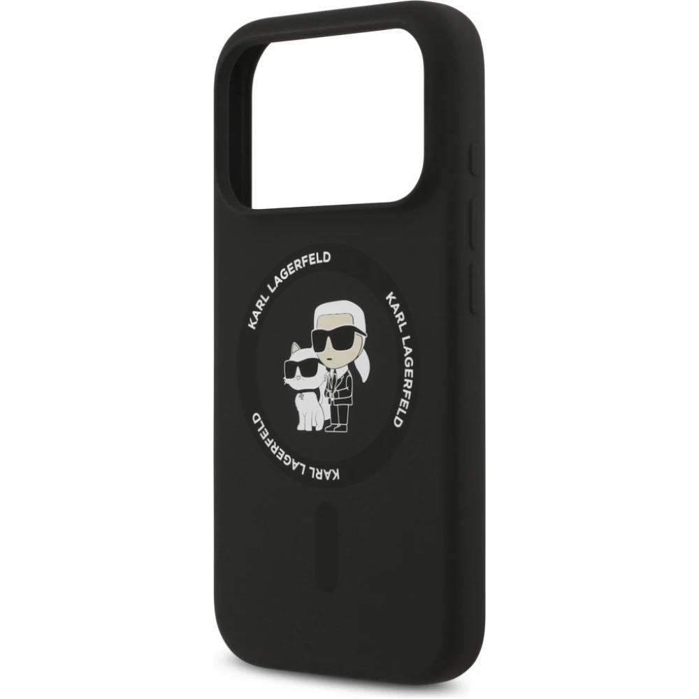 Coque iPhone 17 Pro Max - Karl Lagerfeld Liquid en silicone avec design Karl et Choupette compatible MagSafe - Noir