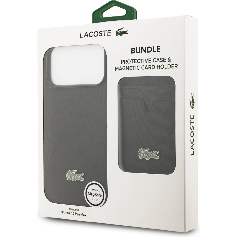 iPhone 17 Pro Max Case H&uuml;lle - Lacoste Iconic Petit Pique MagSafe mit Magnetportemonnaie - Schwarz
