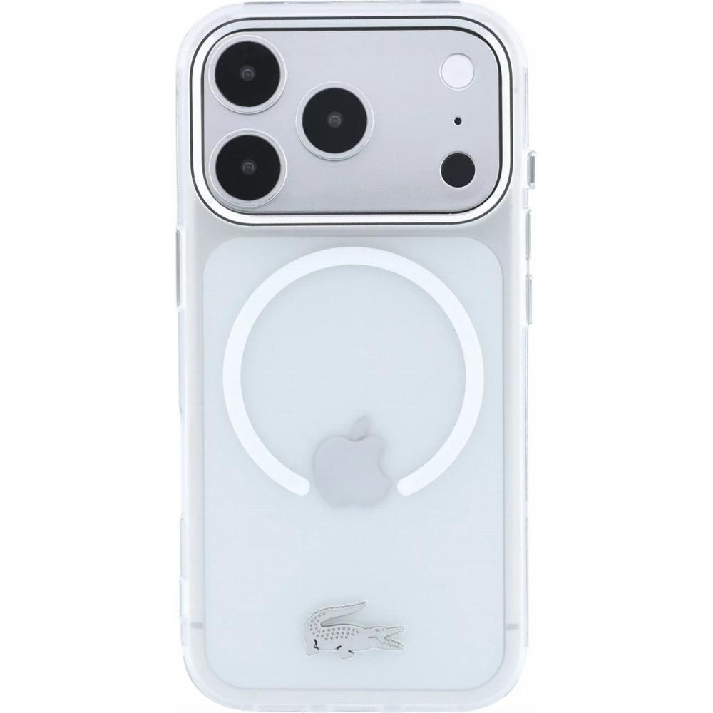 Coque iPhone 17 Pro Max - Lacoste IML petit piqu&eacute; m&eacute;tal MagSafe protection &eacute;l&eacute;gante et durable - Transparent