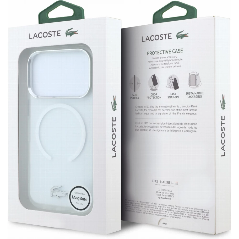 Coque iPhone 17 Pro Max - Lacoste IML petit piqu&eacute; m&eacute;tal MagSafe protection &eacute;l&eacute;gante et durable - Transparent