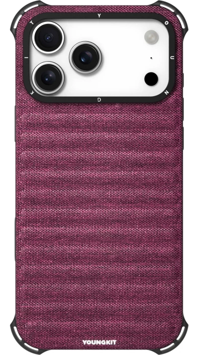 Coque iPhone 17 Pro Max - Youngkit Canvas en tissu et coins renforcés en silicone compatible MagSafe - Bordeaux