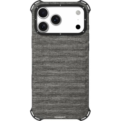 Coque iPhone 17 Pro Max - Youngkit Canvas en tissu et coins renforcés en silicone compatible MagSafe - Gris