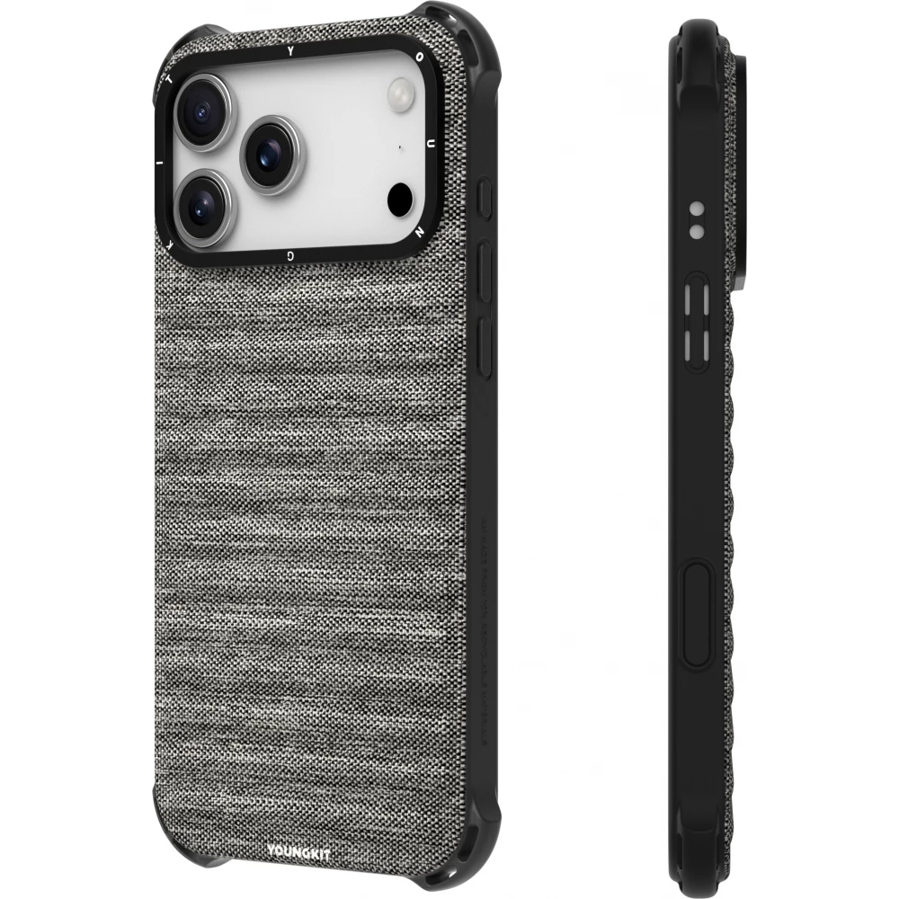 iPhone 17 Pro Max Case Hülle - Youngkit Canvas aus Stoff und mit silikonverstärkten Ecken, kompatibel mit MagSafe - Grau