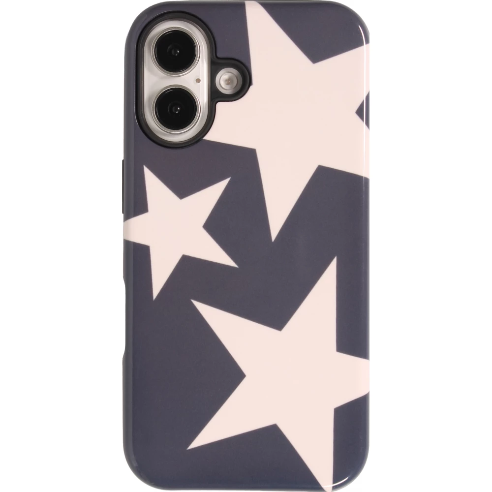 Coque iPhone 16 - Star pop à motif étoiles double protection renforcée avec intérieur en silicone et extérieur en plastique rigide - Bleu
