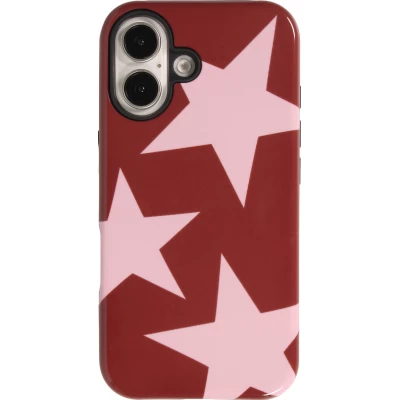 Coque iPhone 16 - Star pop à motif étoiles double protection renforcée avec intérieur en silicone et extérieur en plastique rigide - Bordeaux