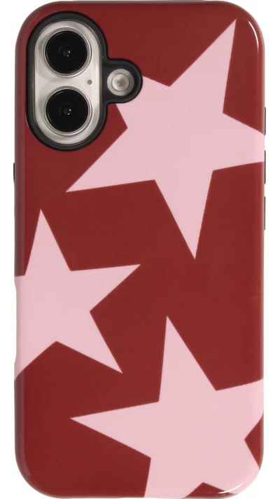 Coque iPhone 16 - Star pop à motif étoiles double protection renforcée avec intérieur en silicone et extérieur en plastique rigide - Bordeaux