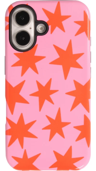 Coque iPhone 16 - Star pop à motif étoiles double protection renforcée avec intérieur en silicone et extérieur en plastique rigide - Rose
