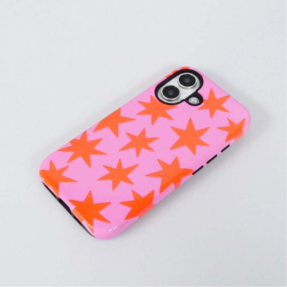 Coque iPhone 16 - Star pop à motif étoiles double protection renforcée avec intérieur en silicone et extérieur en plastique rigide - Rose