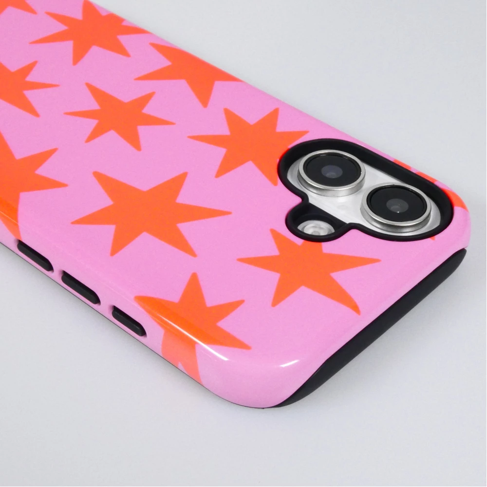 Coque iPhone 16 - Star pop à motif étoiles double protection renforcée avec intérieur en silicone et extérieur en plastique rigide - Rose