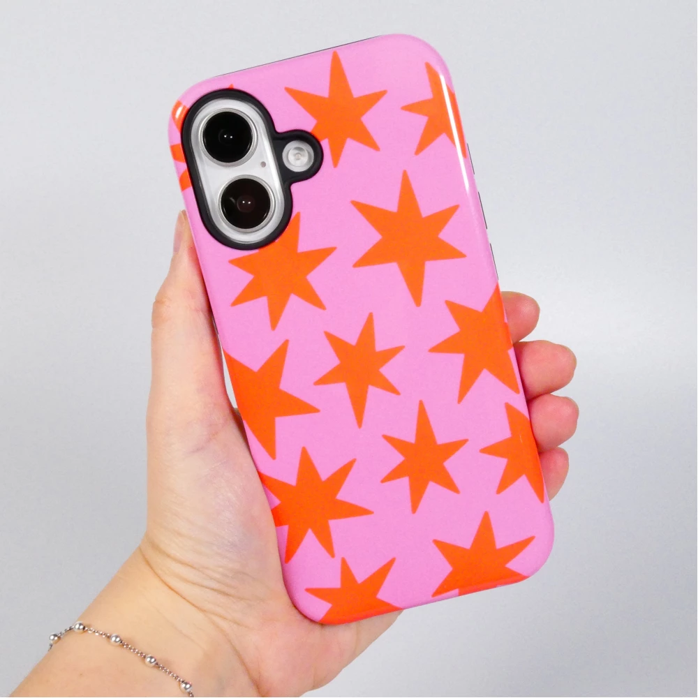 Coque iPhone 16 - Star pop à motif étoiles double protection renforcée avec intérieur en silicone et extérieur en plastique rigide - Rose