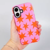 Coque iPhone 16 - Star pop à motif étoiles double protection renforcée avec intérieur en silicone et extérieur en plastique rigide - Rose