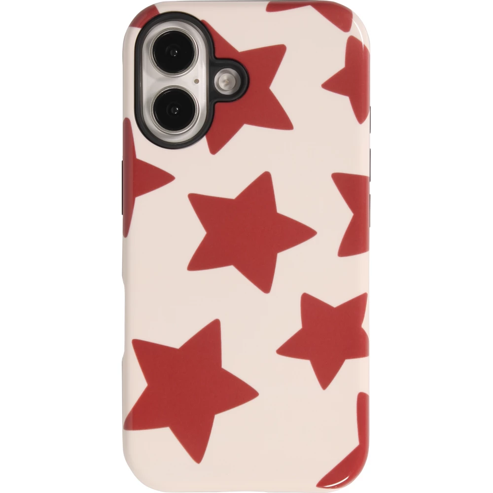 Coque iPhone 16 - Star pop à motif étoiles double protection renforcée avec intérieur en silicone et extérieur en plastique rigide - Rouge