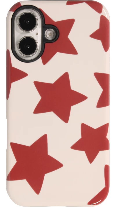 Coque iPhone 16 - Star pop à motif étoiles double protection renforcée avec intérieur en silicone et extérieur en plastique rigide - Rouge