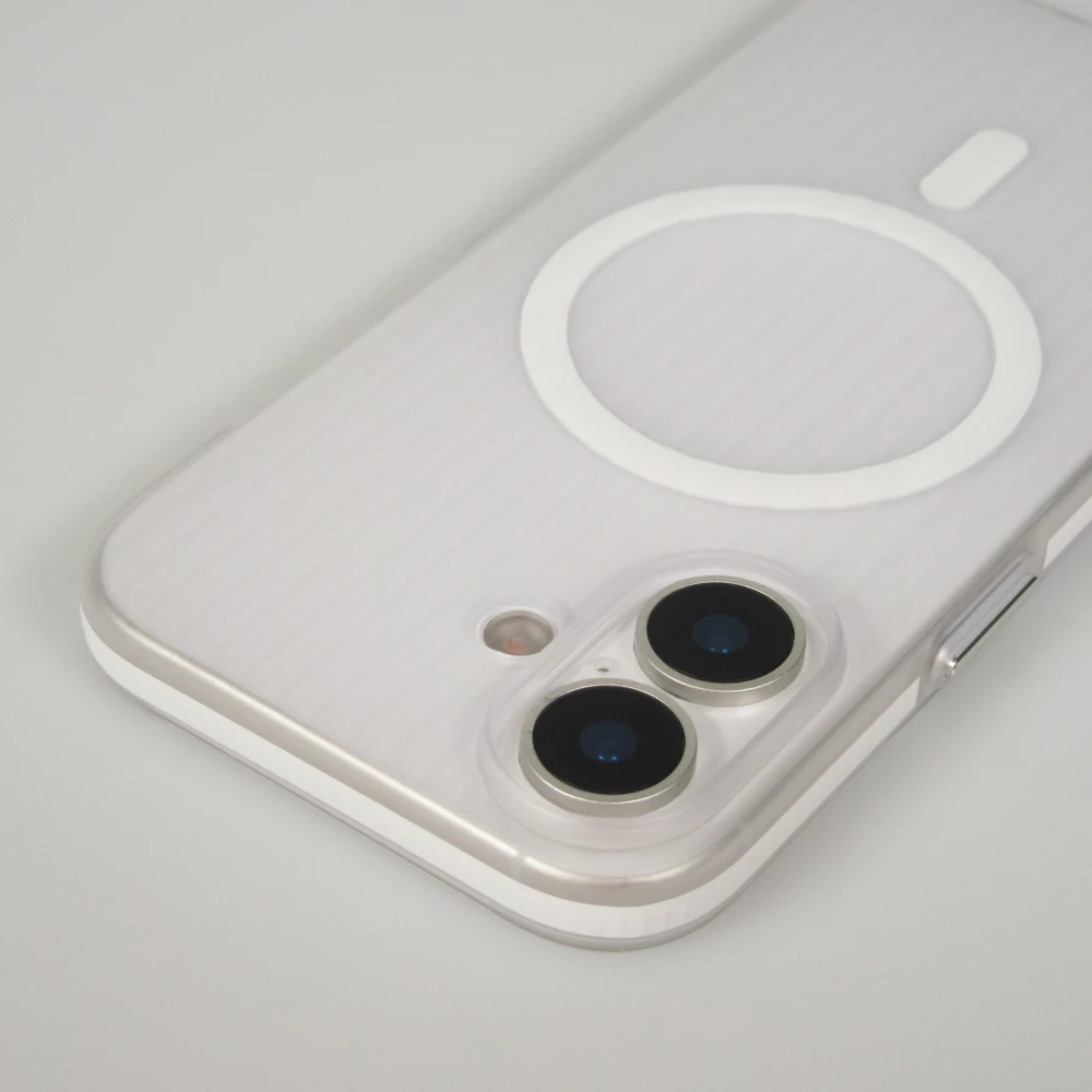 iPhone 17 Case H&uuml;lle - Transparente MagSafe H&uuml;lle gestreift mit seitlichen Verzierungen - Weiss