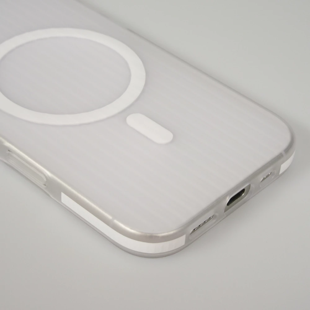 iPhone 17 Case H&uuml;lle - Transparente MagSafe H&uuml;lle gestreift mit seitlichen Verzierungen - Weiss