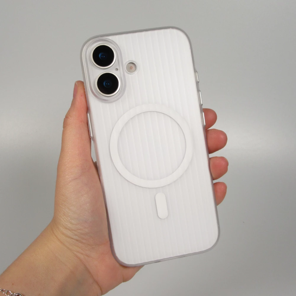 iPhone 17 Case H&uuml;lle - Transparente MagSafe H&uuml;lle gestreift mit seitlichen Verzierungen - Weiss