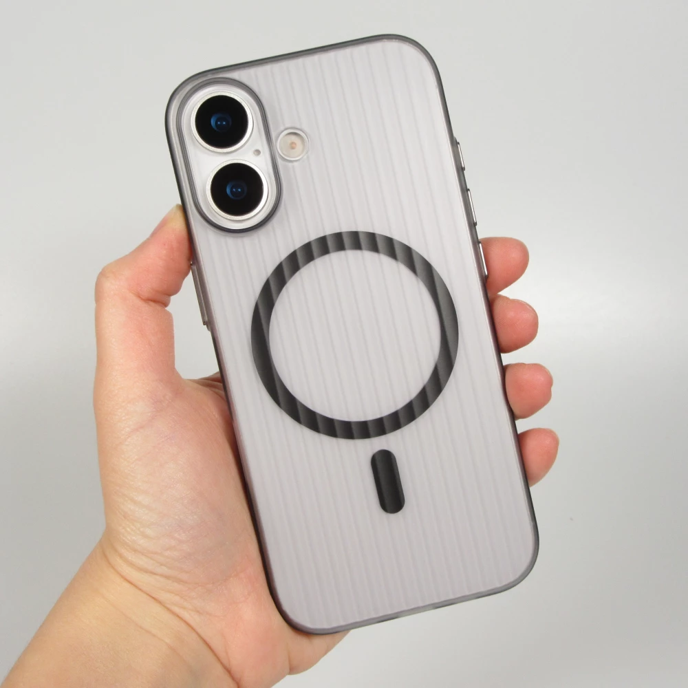 iPhone 17 Case H&uuml;lle - Transparente MagSafe H&uuml;lle gestreift mit seitlichen Verzierungen - Schwarz