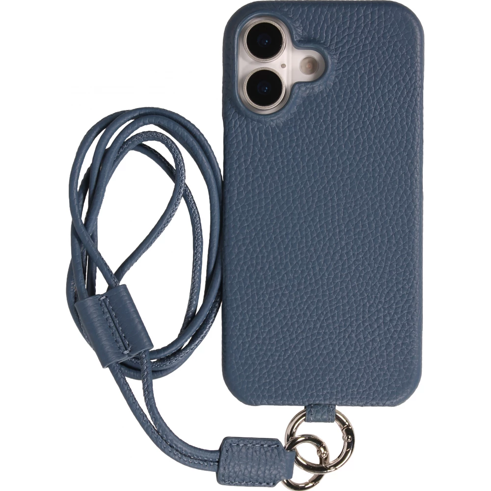 iPhone 17 Case Hülle - Urban Chic in Echtleder mit Schulterkordel und Rundumschutz - Blau