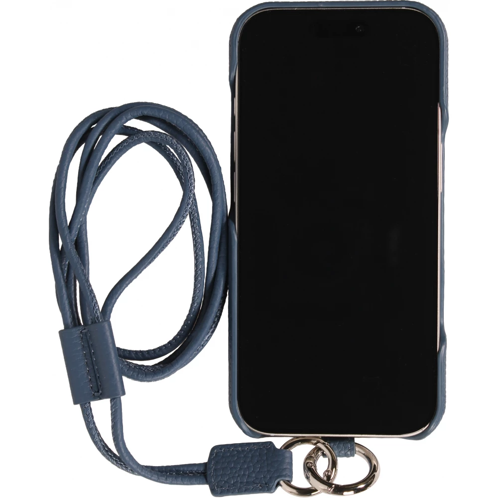 iPhone 17 Case Hülle - Urban Chic in Echtleder mit Schulterkordel und Rundumschutz - Blau