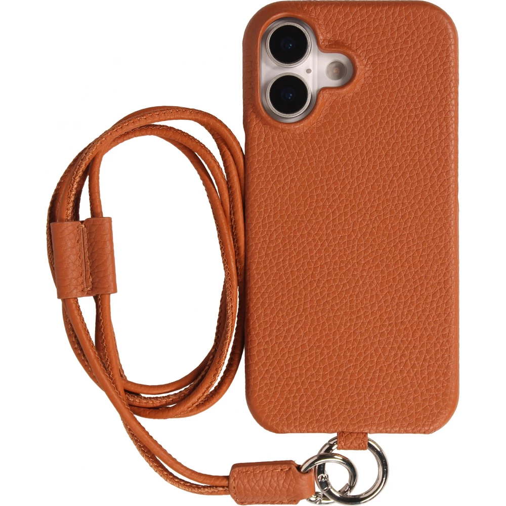 Coque iPhone 17 - Urban Chic cuir véritable avec cordon bandoulière protection intégrale - Brun