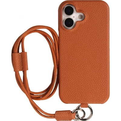 Coque iPhone 17 - Urban Chic effet cuir avec cordon bandoulière protection intégrale - Brun
