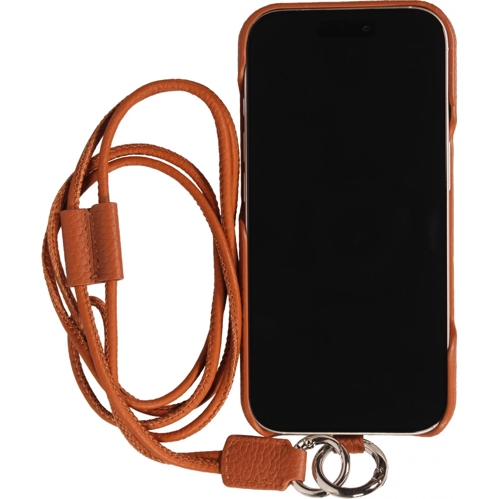 Coque iPhone 17 - Urban Chic cuir véritable avec cordon bandoulière protection intégrale - Brun
