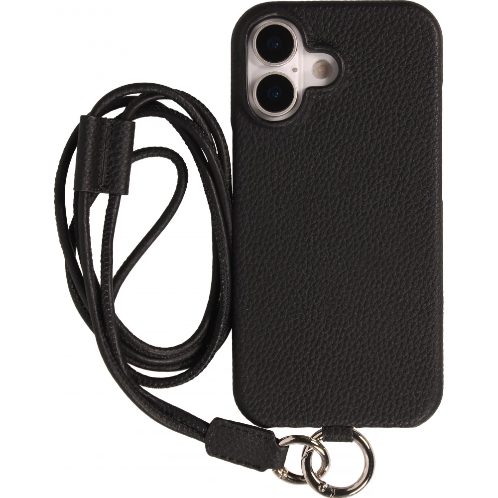 iPhone 17 Case Hülle - Urban Chic in Echtleder mit Schulterkordel und Rundumschutz - Schwarz