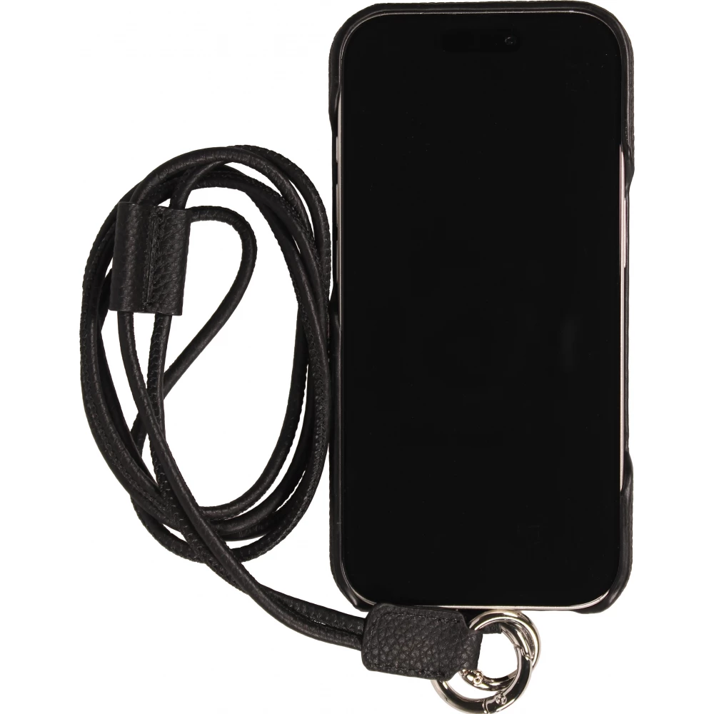 iPhone 17 Case Hülle - Urban Chic in Echtleder mit Schulterkordel und Rundumschutz - Schwarz
