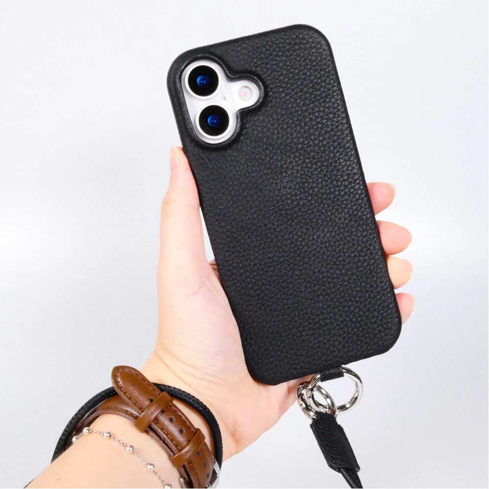 iPhone 17 Case Hülle - Urban Chic in Echtleder mit Schulterkordel und Rundumschutz - Schwarz