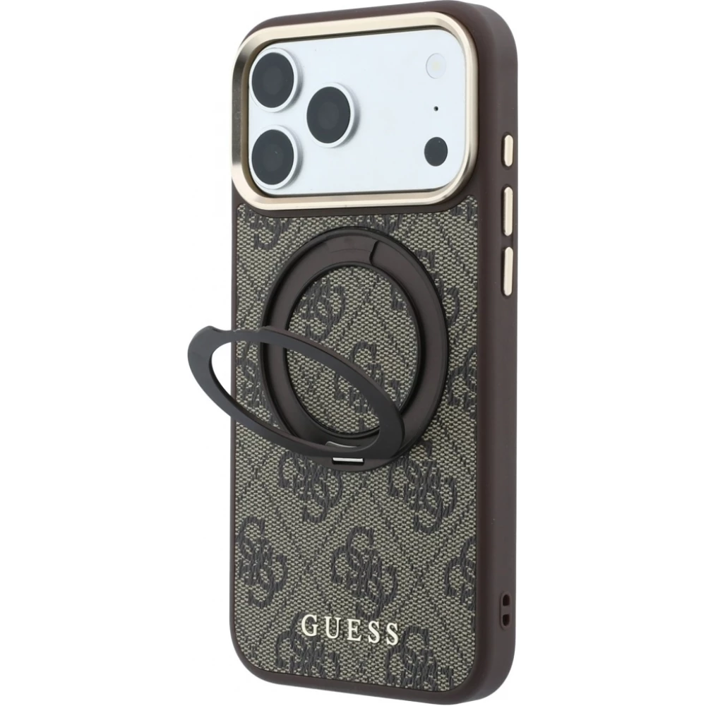 Coque iPhone 18 Pro / 17 Pro - Guess PU 4G avec anneau support 360&deg; MagSafe et cadre m&eacute;tallique - Brun