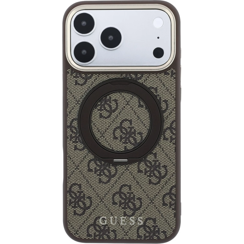 Coque iPhone 18 Pro / 17 Pro - Guess PU 4G avec anneau support 360&deg; MagSafe et cadre m&eacute;tallique - Brun